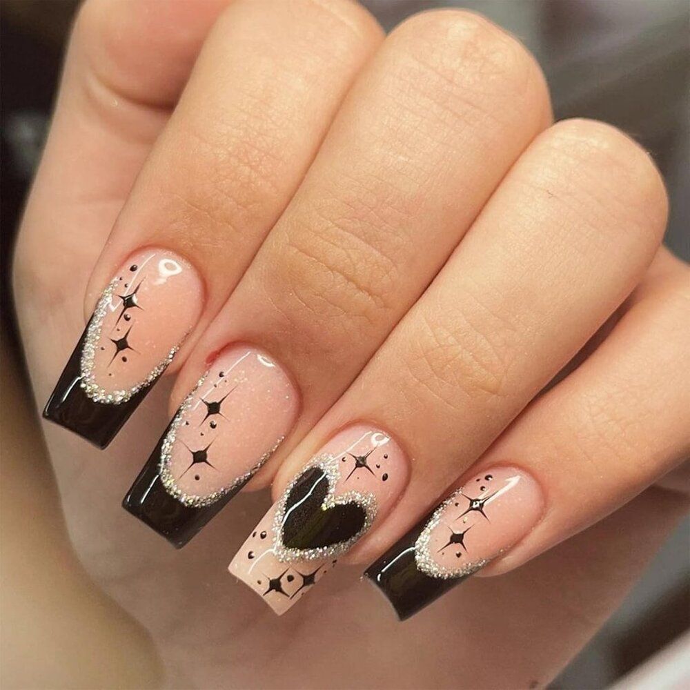 NWT Black French Tip Press-On Nails Medium Coffin Fake Nails Y2K Goth Heart Star